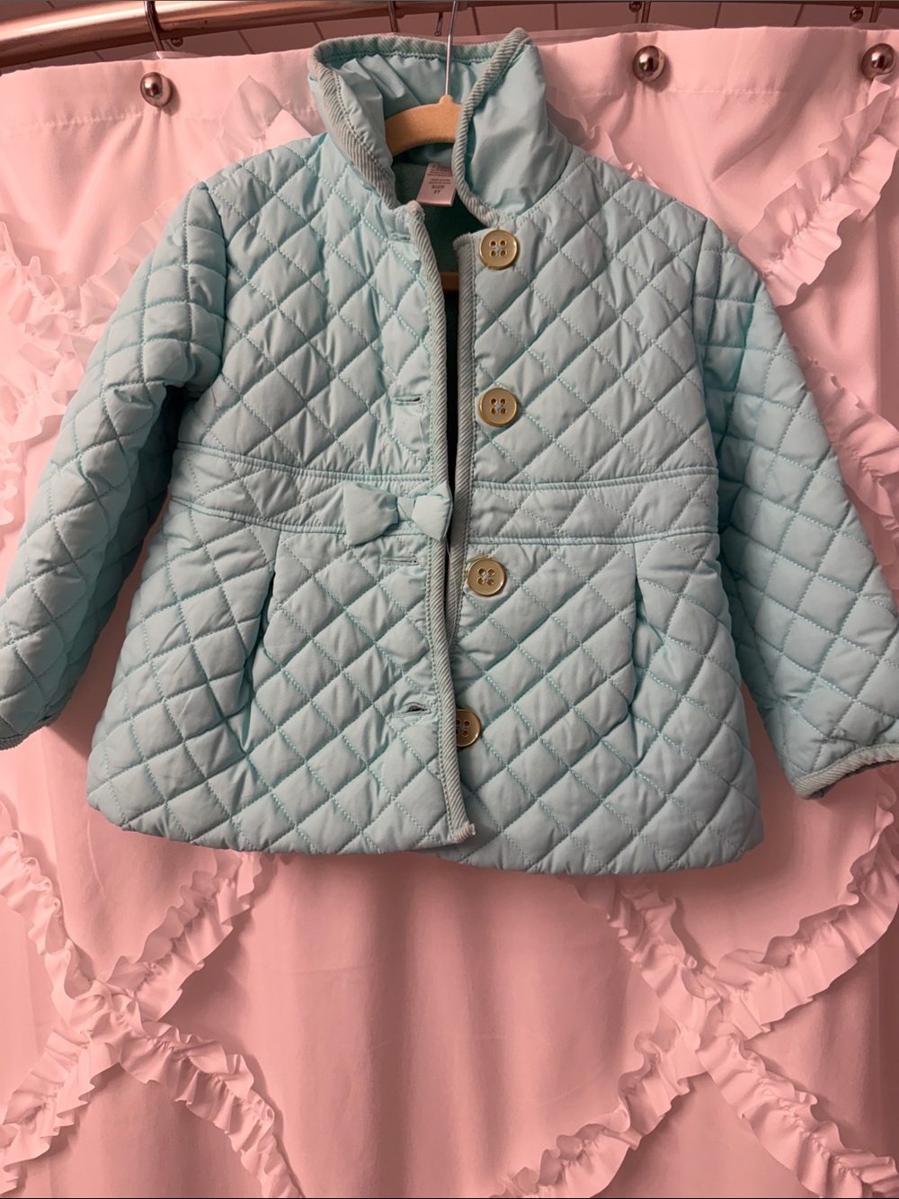Girls' Quilted Light Blue Jacket with Bow Detail